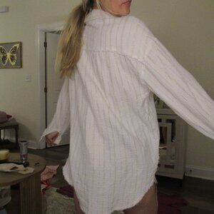 Aerie White with Gold pinstripe oversized beach button up